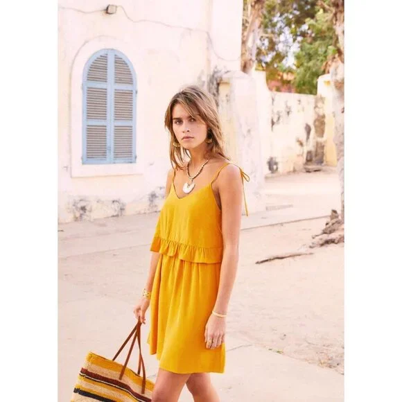 Sezane Mustard Yellow Silk Ashley Tiered Ruffle Layered Tie Strap Mini Dress - Picture 6 of 7